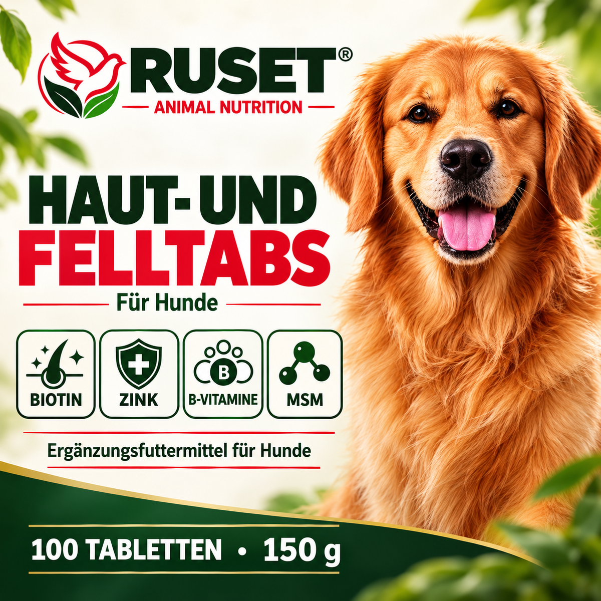 RUSET Haut- und Felltabs für Hunde – 100 Tabletten, 150 g – Mit Biotin und Zink