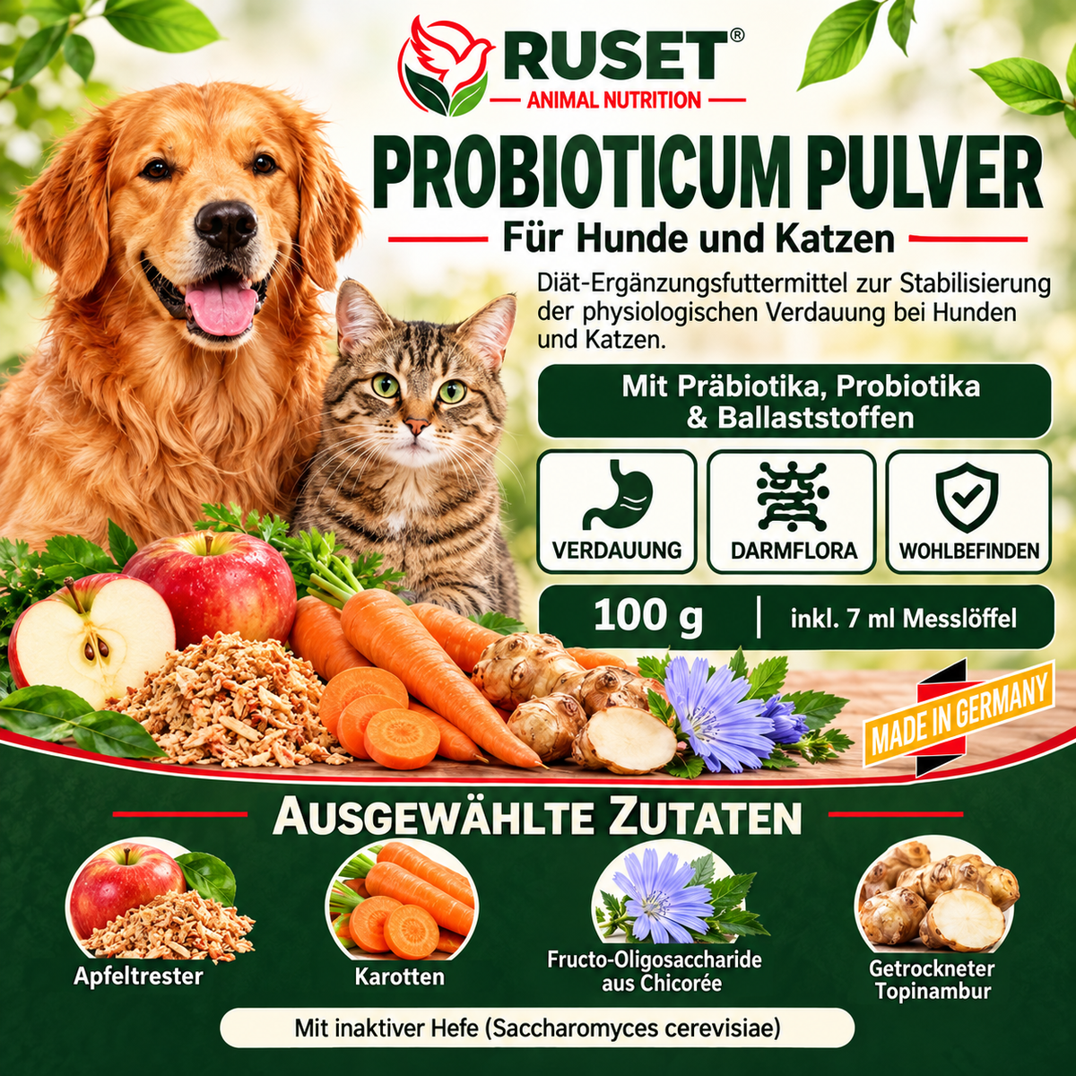 RUSET Probioticum Pulver für Hunde & Katzen – 100 g – Mit Präbiotika und Probiotika