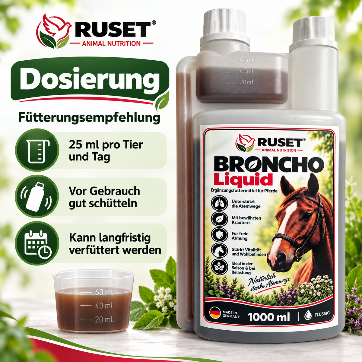 RUSET BRONCHO Liquid – Ergänzungsfuttermittel für Pferde – 1000 ml