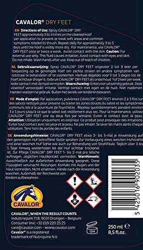 New Cavalor Dry Feet250ml Feuchtigkeit und Schmutz können dazu führen, dass der Hufstrahl weich wird und in der Folge Strahlfäule entsteht. Cavalor Dry Feet wirkt schnell und effizient.