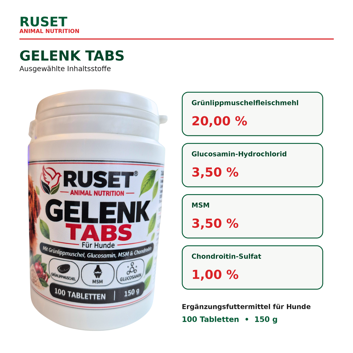 RUSET Gelenk Tabs für Hunde – 100 Tabletten, 150 g