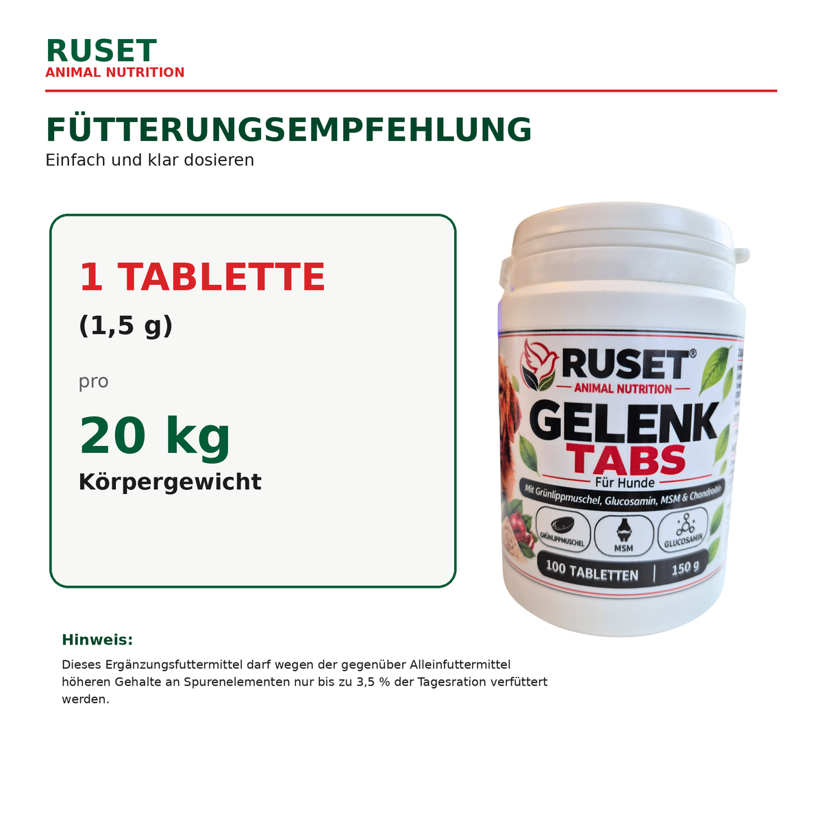 RUSET Gelenk Tabs für Hunde – 100 Tabletten, 150 g
