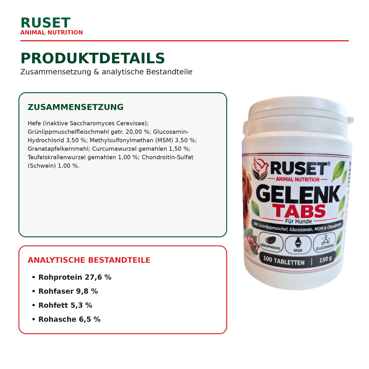 RUSET Gelenk Tabs für Hunde – 100 Tabletten, 150 g