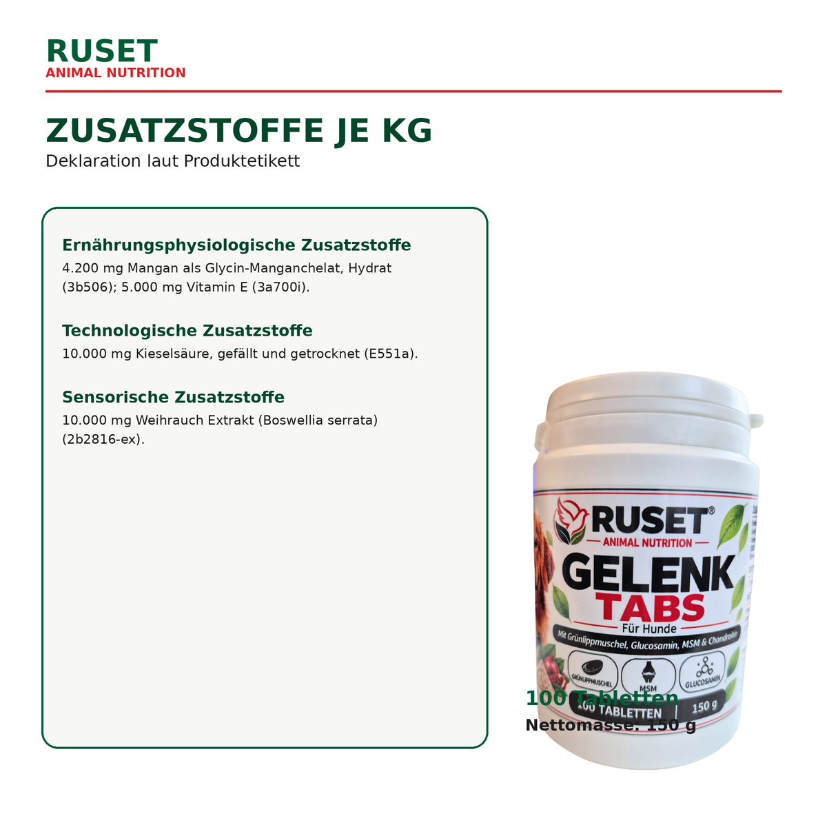 RUSET Gelenk Tabs für Hunde – 100 Tabletten, 150 g