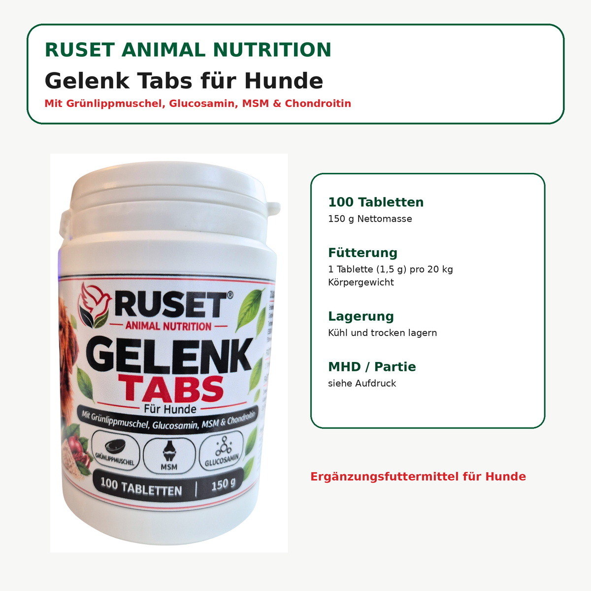 RUSET Gelenk Tabs für Hunde – 100 Tabletten, 150 g