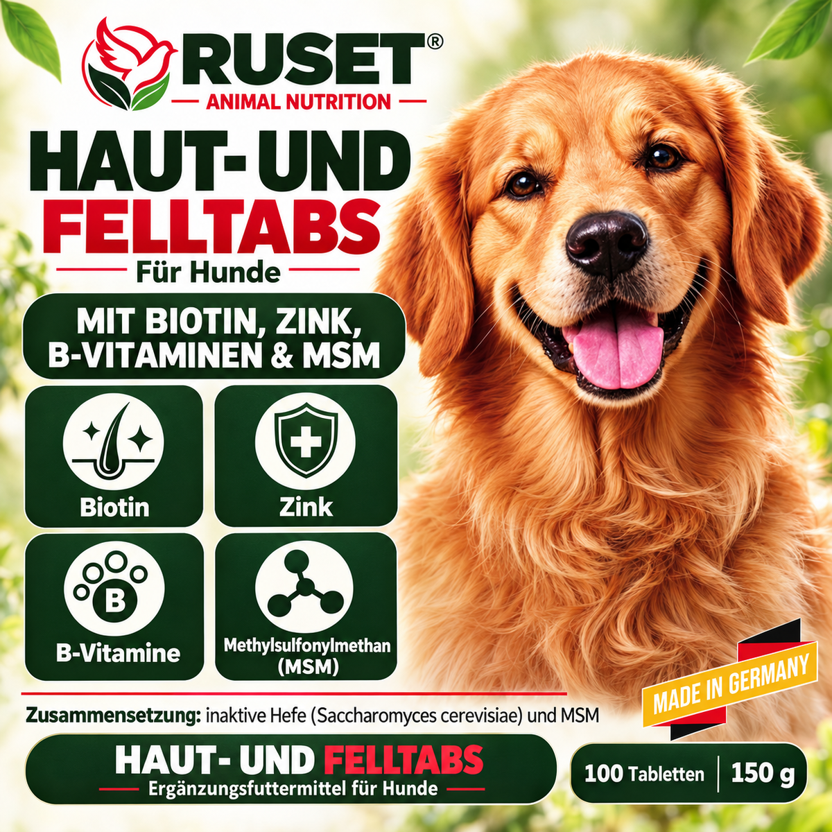 RUSET Haut- und Felltabs für Hunde – 100 Tabletten, 150 g – Mit Biotin und Zink