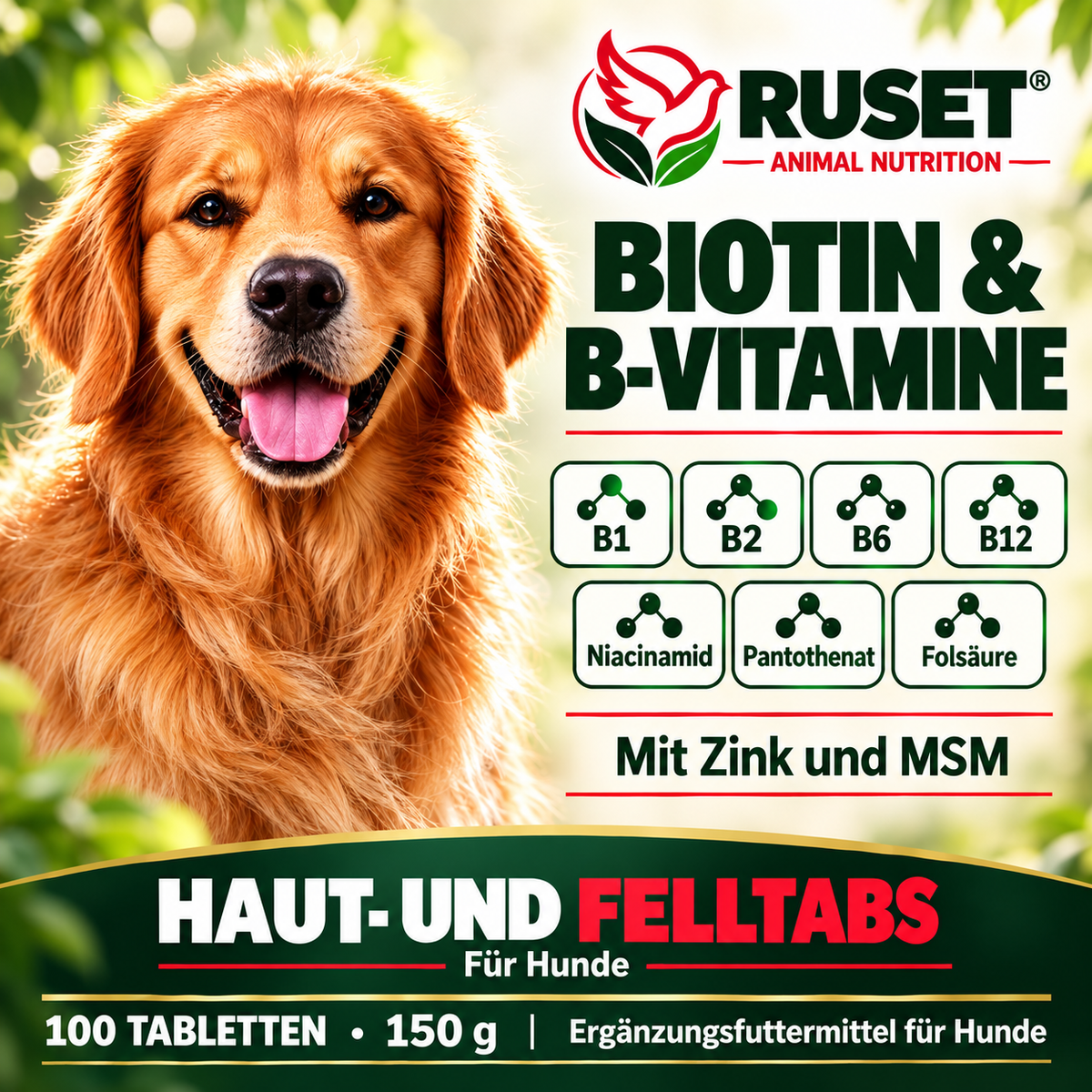 RUSET Haut- und Felltabs für Hunde – 100 Tabletten, 150 g – Mit Biotin und Zink