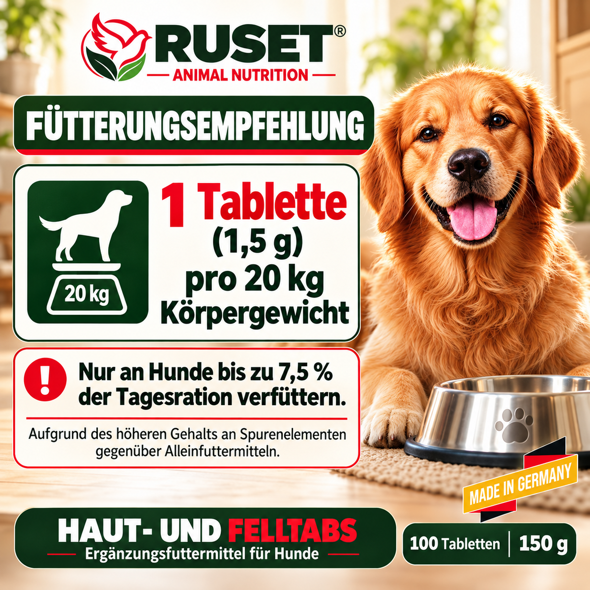 RUSET Haut- und Felltabs für Hunde – 100 Tabletten, 150 g – Mit Biotin und Zink