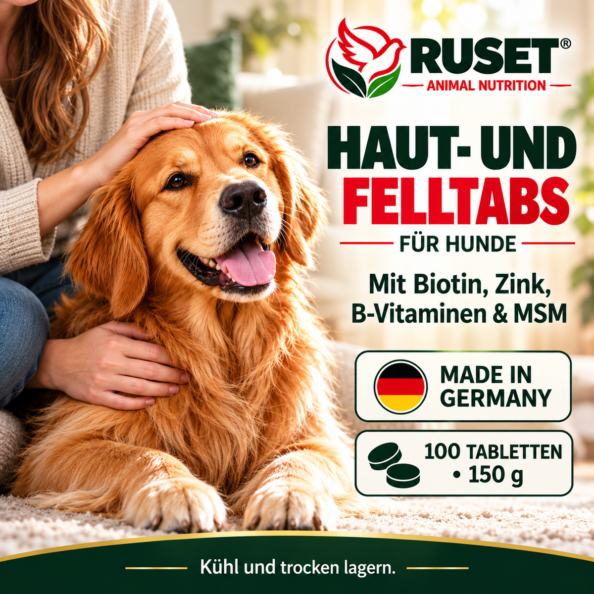 RUSET Haut- und Felltabs für Hunde – 100 Tabletten, 150 g – Mit Biotin und Zink