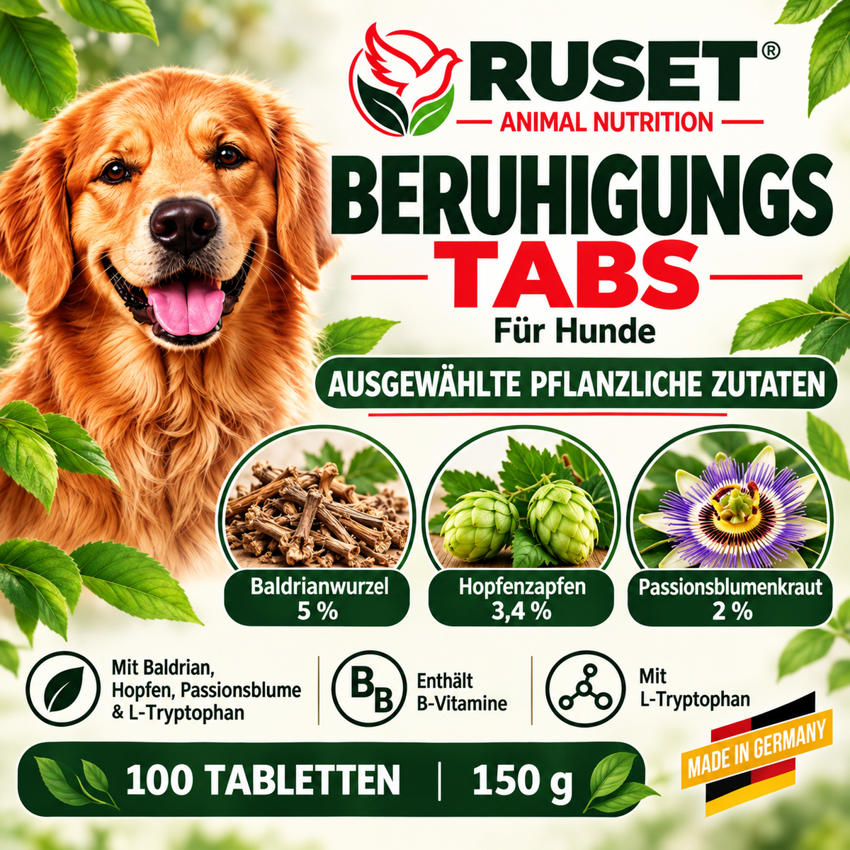 RUSET Beruhigungstabs für Hunde – 100 Tabletten, 150 g