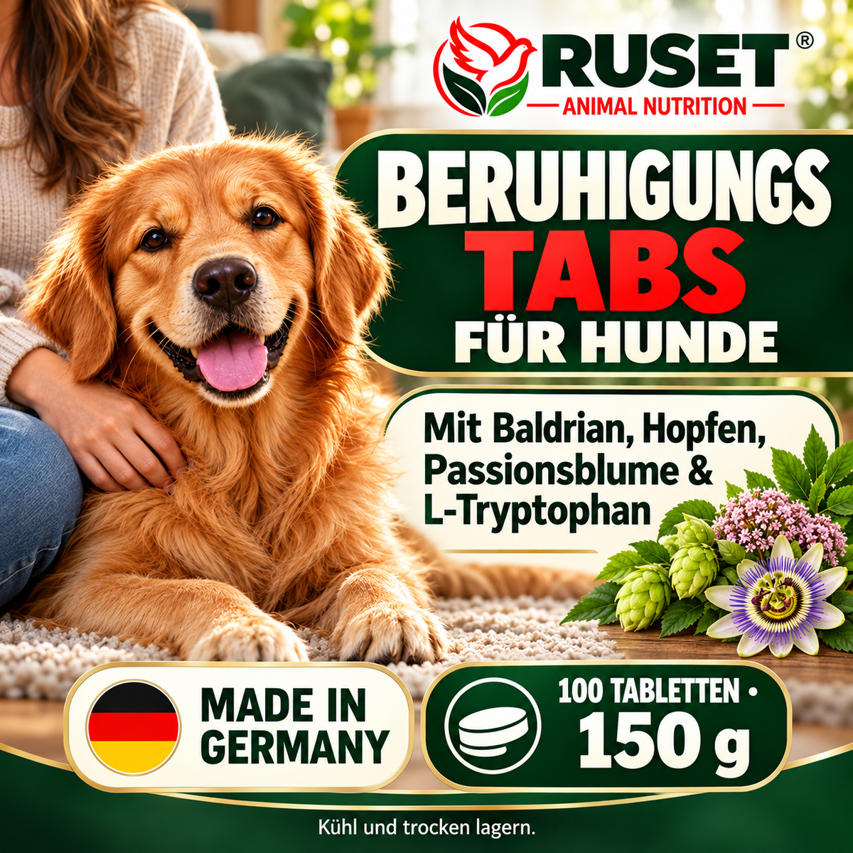 RUSET Beruhigungstabs für Hunde – 100 Tabletten, 150 g