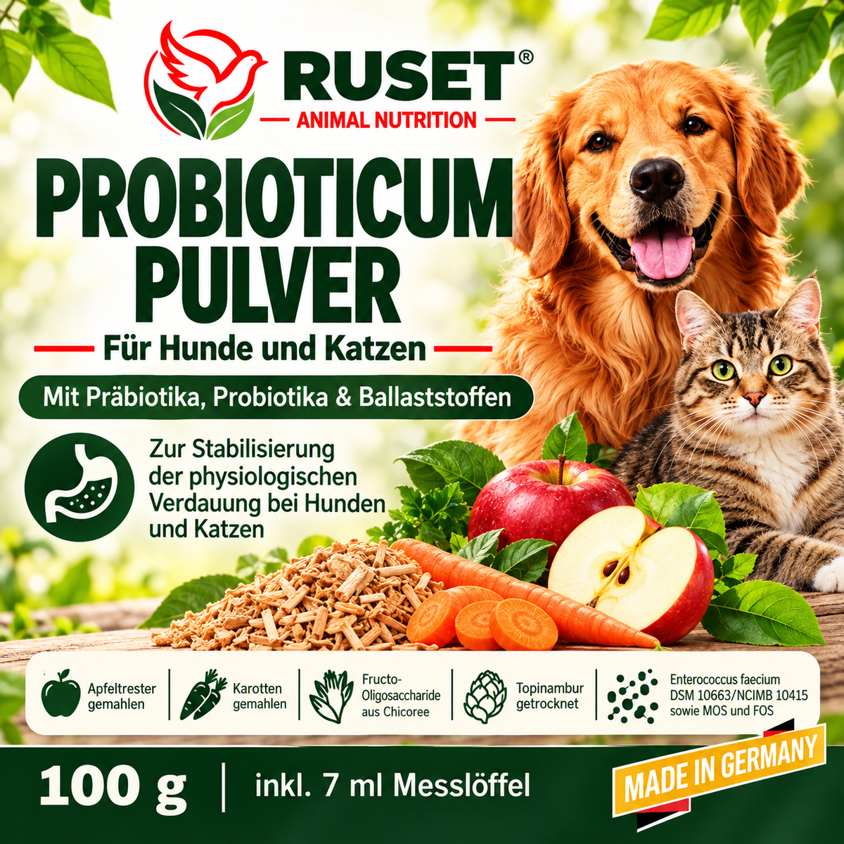 RUSET Probioticum Pulver für Hunde & Katzen – 100 g – Mit Präbiotika und Probiotika