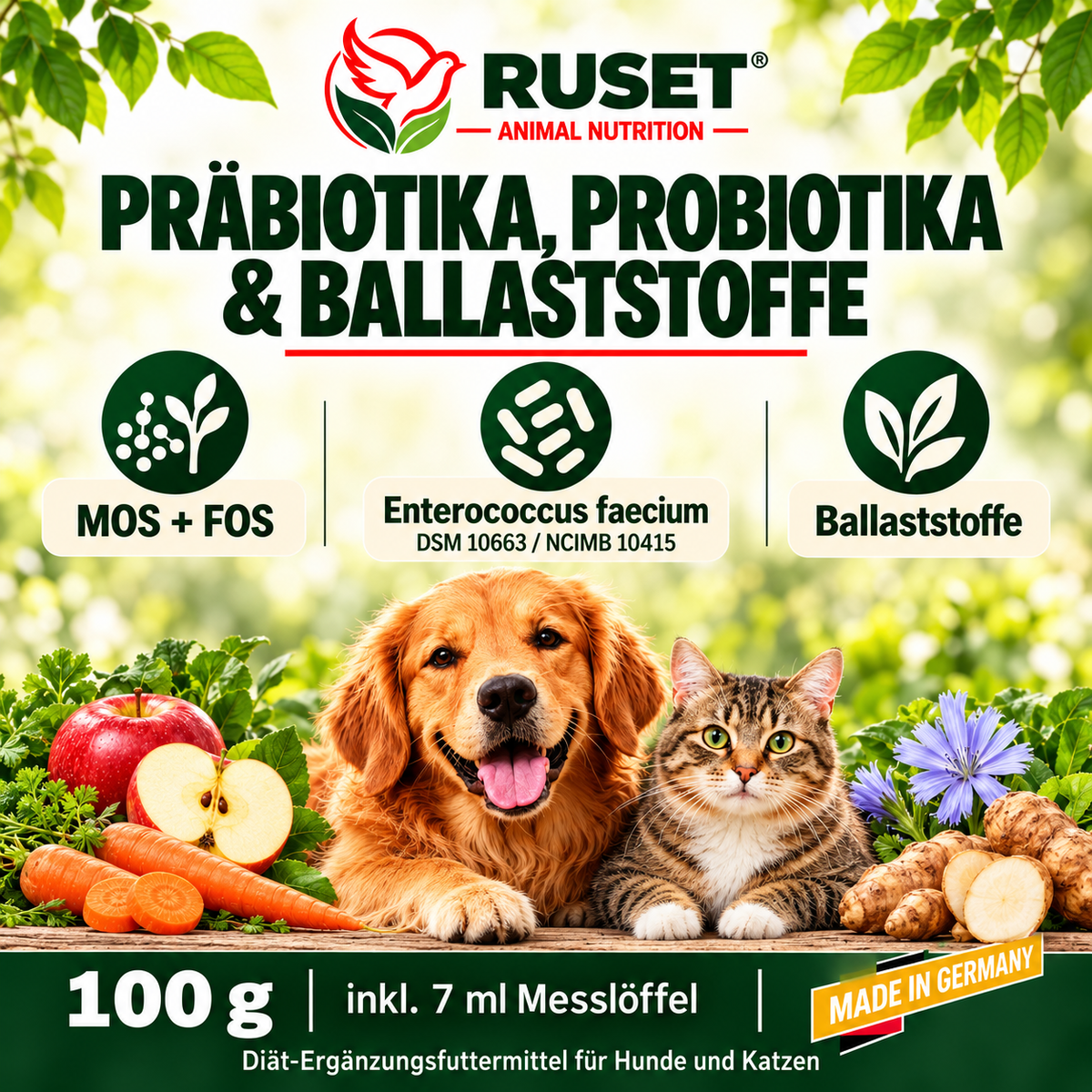RUSET Probioticum Pulver für Hunde & Katzen – 100 g – Mit Präbiotika und Probiotika