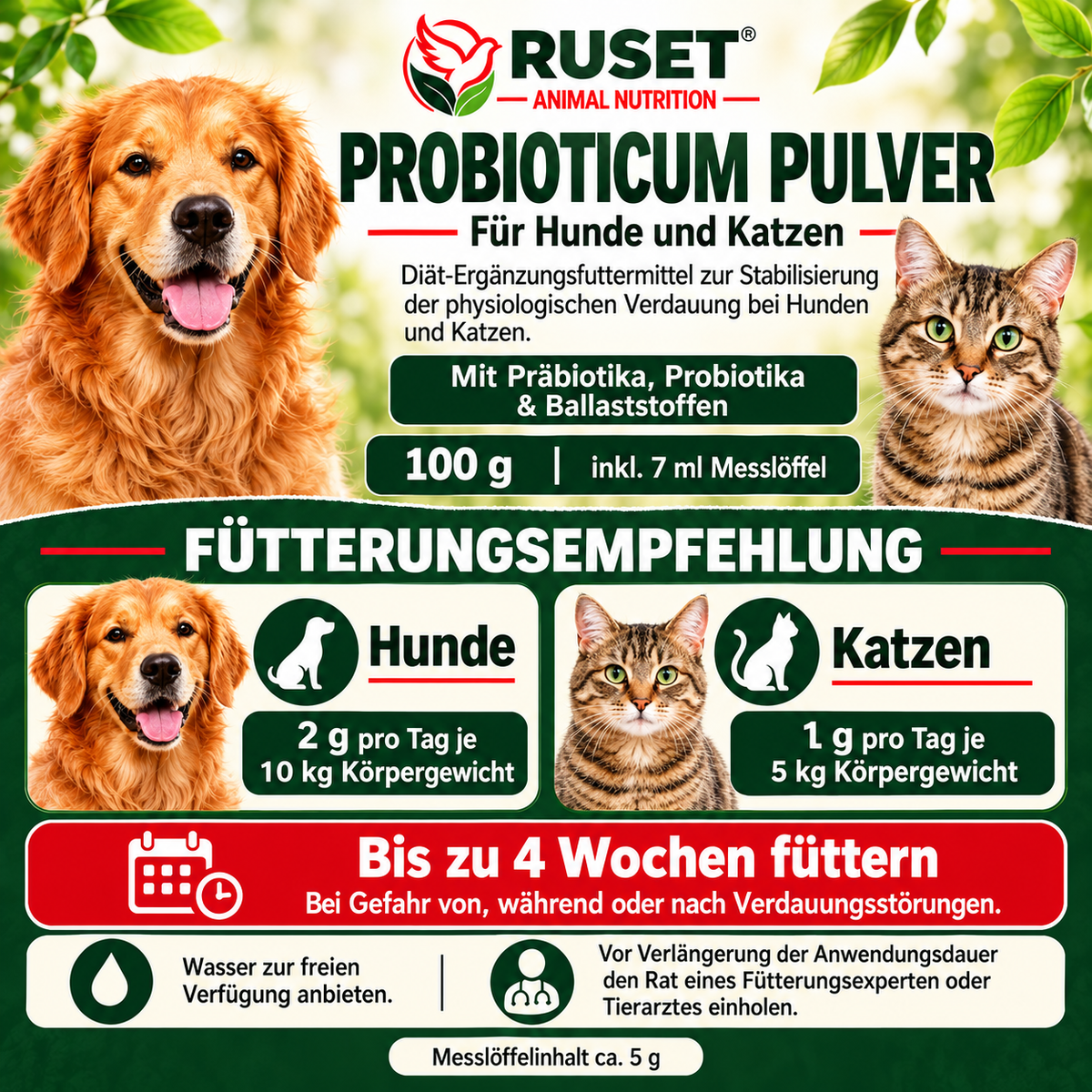 RUSET Probioticum Pulver für Hunde & Katzen – 100 g – Mit Präbiotika und Probiotika