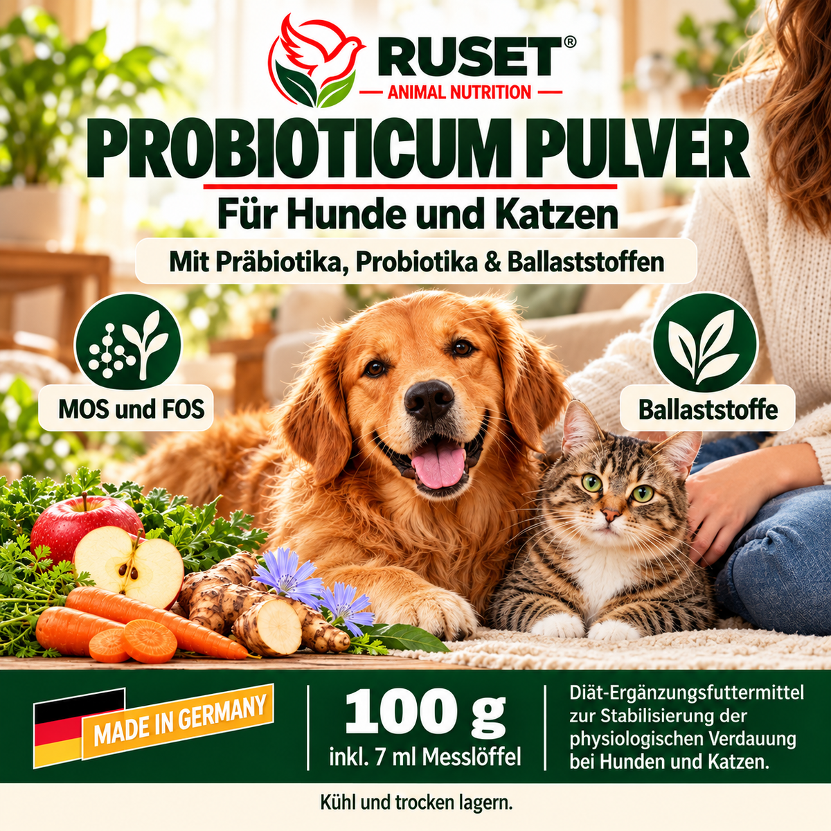 RUSET Probioticum Pulver für Hunde & Katzen – 100 g – Mit Präbiotika und Probiotika