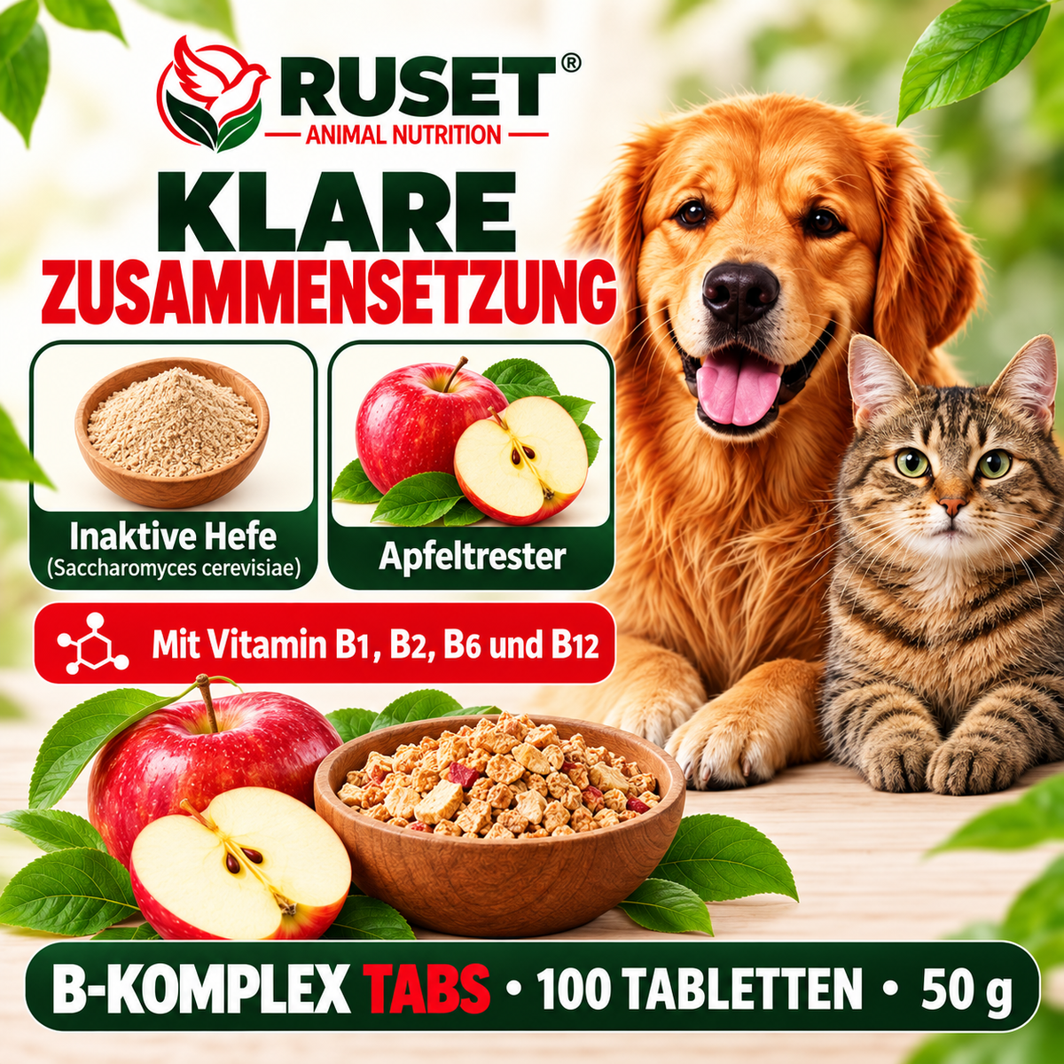 RUSET Vitamin B Komplex für Hunde & Katzen – 100 Tabletten, 50 g