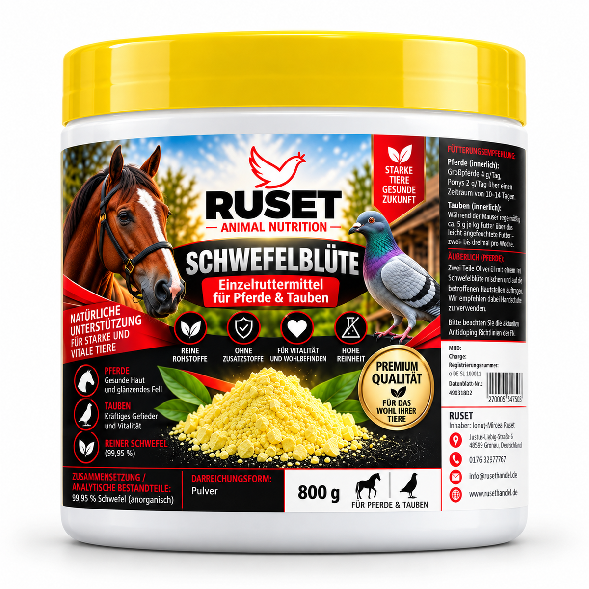 RUSET Schwefelblüte 800 g für Pferde, Hunde & Tauben