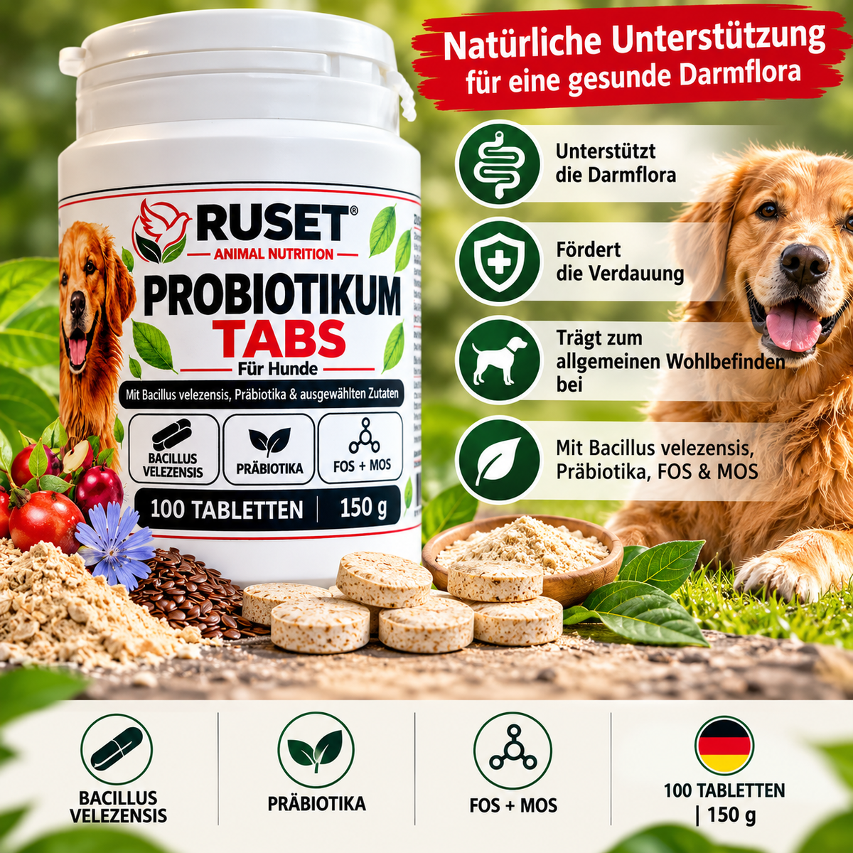 RUSET Probioticum Tabs für Hunde – 100 Tabletten, 150 g