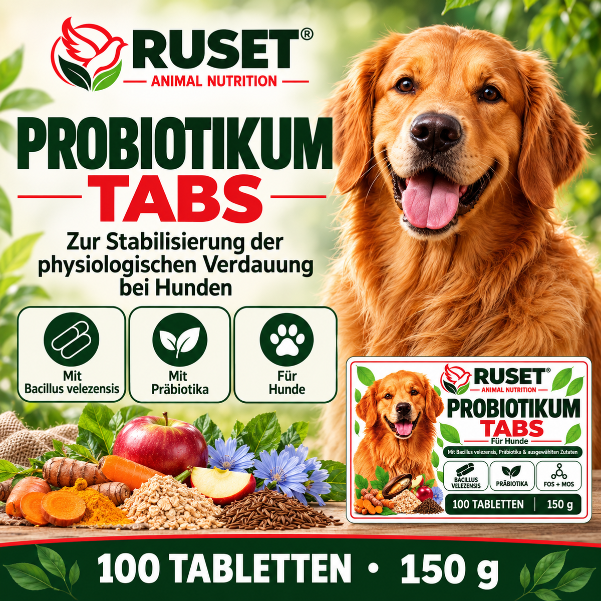 RUSET Probioticum Tabs für Hunde – 100 Tabletten, 150 g