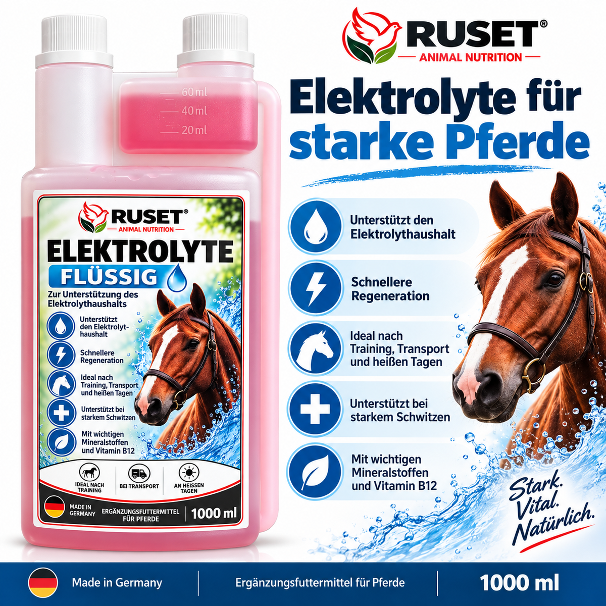 RUSET Elektrolyte flüssig 1000 ml – Ergänzungsfuttermittel für Pferde
