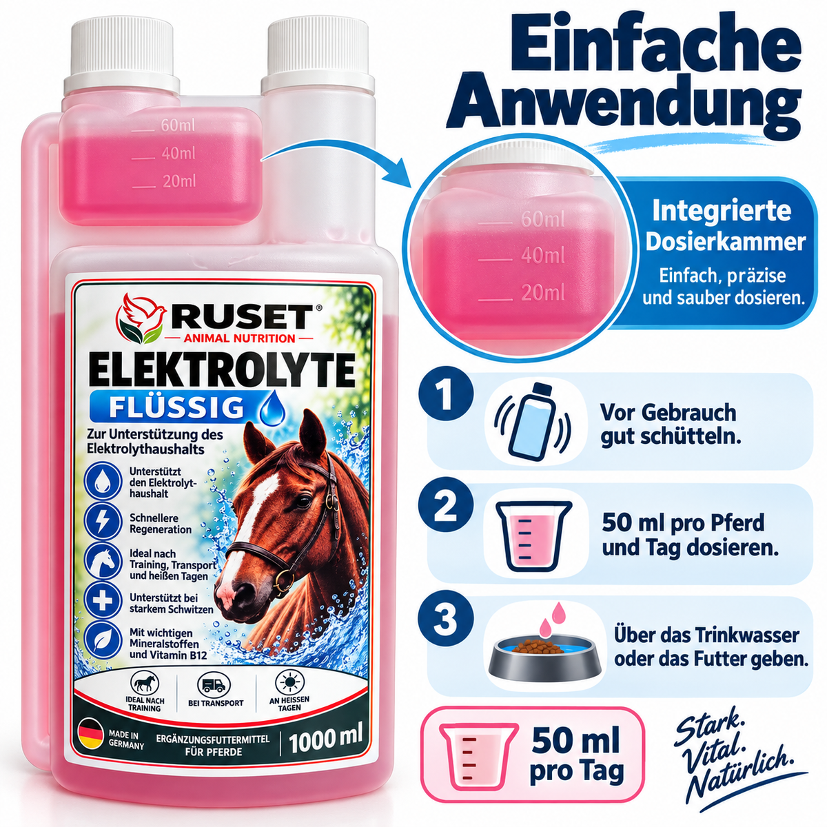 RUSET Elektrolyte flüssig 1000 ml – Ergänzungsfuttermittel für Pferde