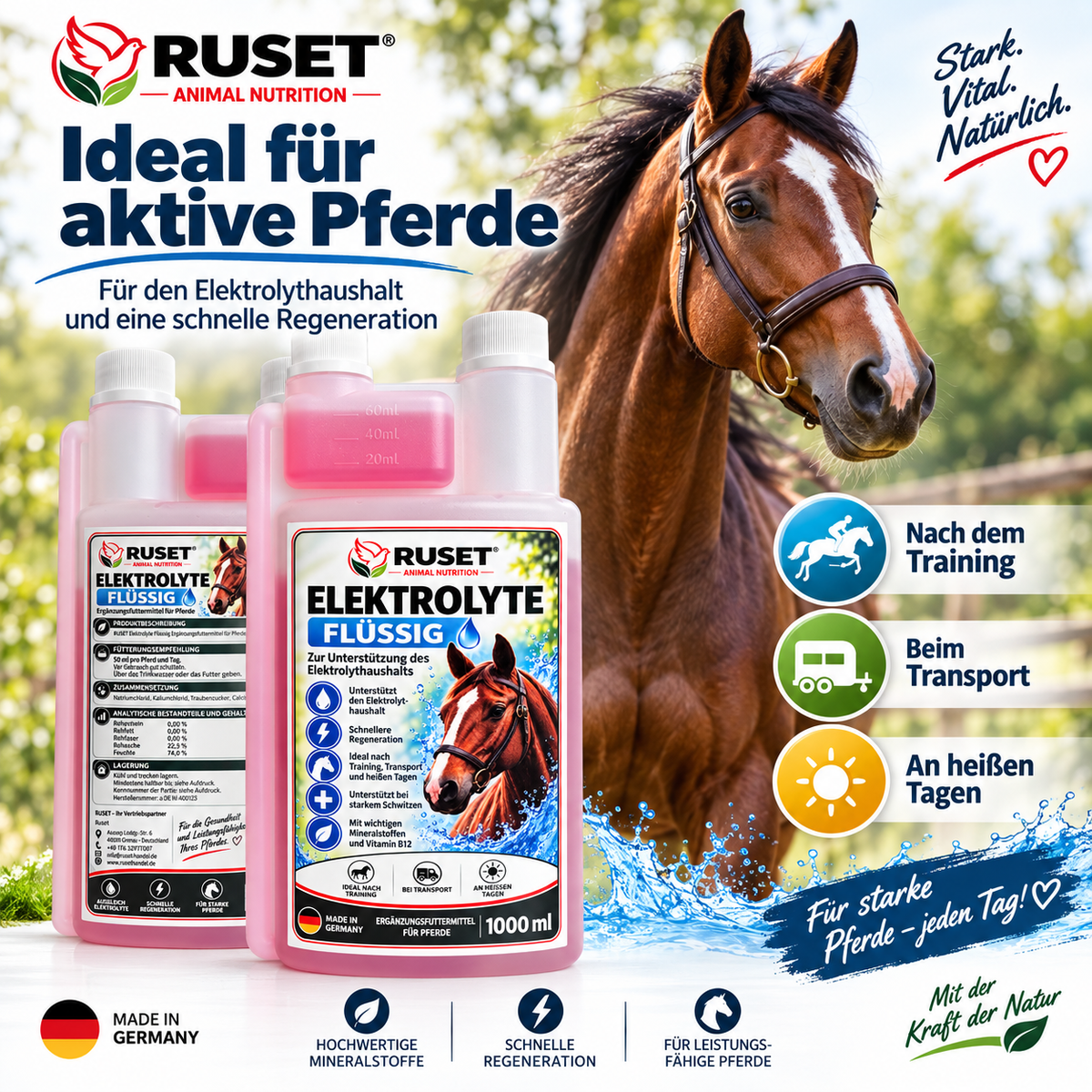 RUSET Elektrolyte flüssig 1000 ml – Ergänzungsfuttermittel für Pferde