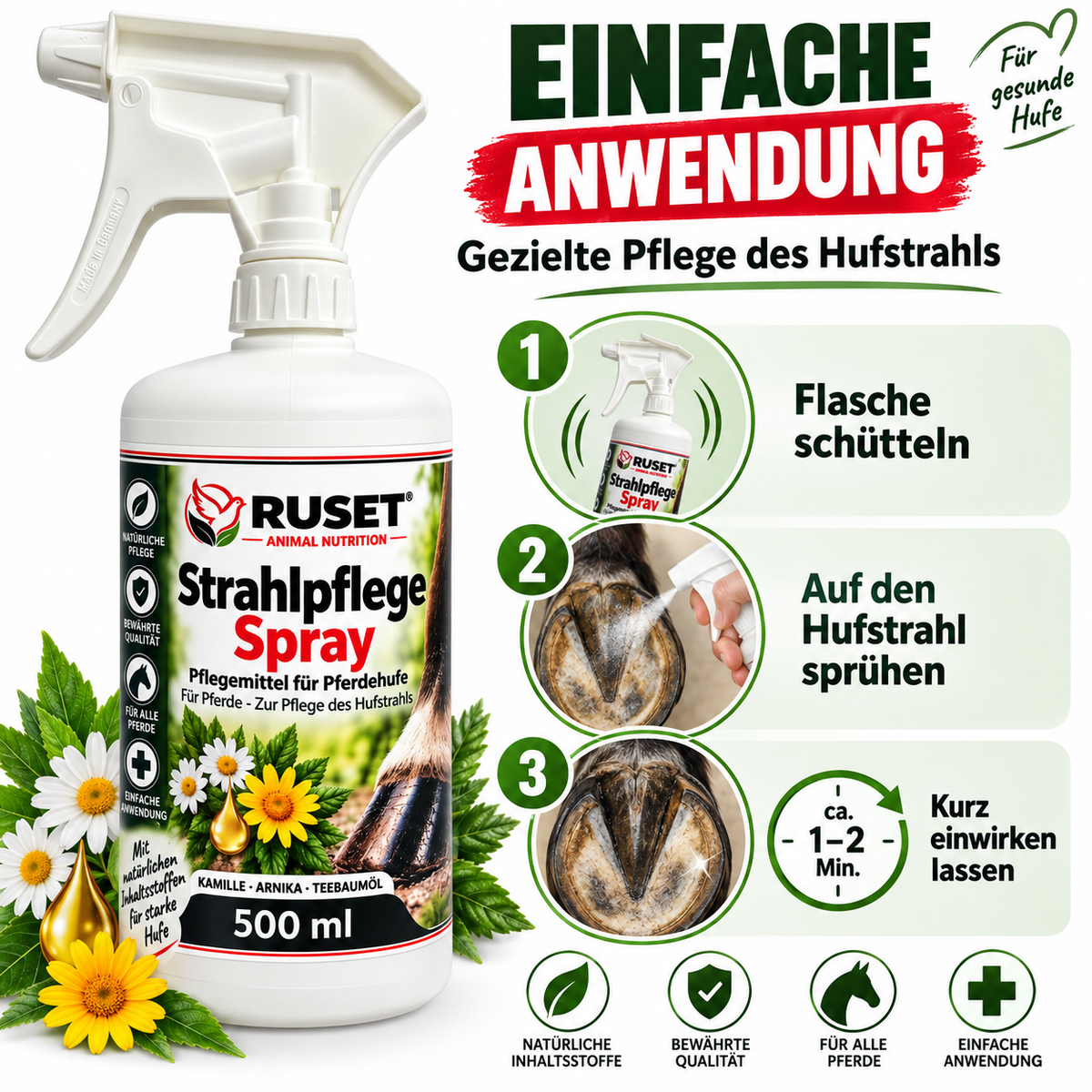 RUSET Strahlpflege Spray 500 ml für Pferde – Hufstrahl & Hufpflege