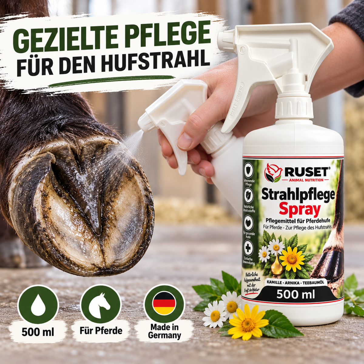 RUSET Strahlpflege Spray 500 ml für Pferde – Hufstrahl & Hufpflege