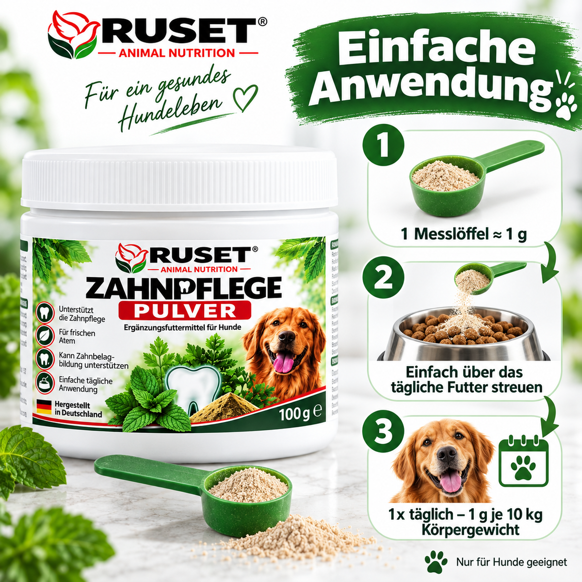 RUSET Zahnpflege Pulver 100 g – Zahnpflege für Hunde