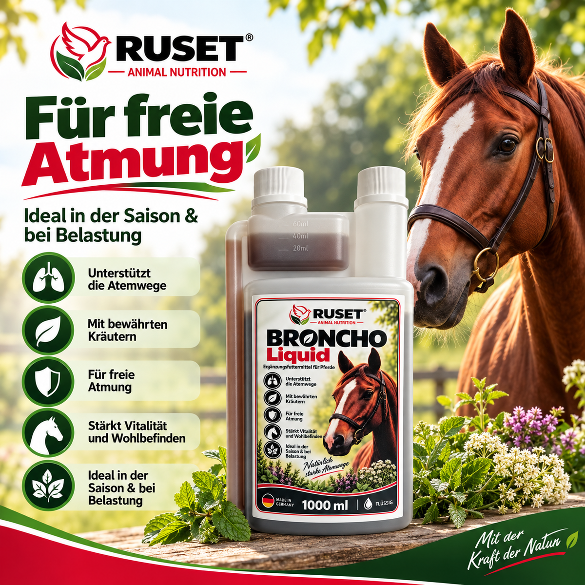 RUSET BRONCHO Liquid – Ergänzungsfuttermittel für Pferde – 1000 ml