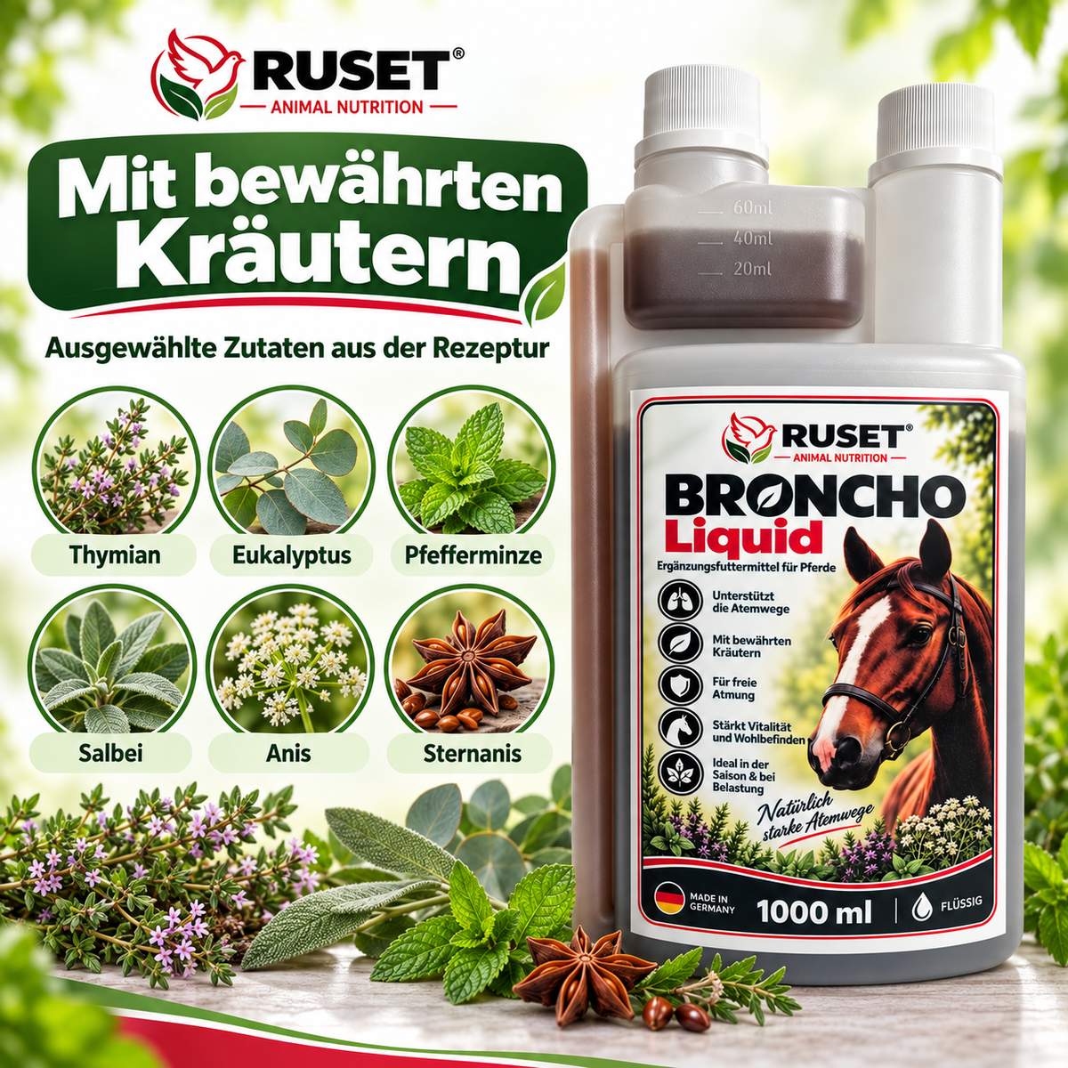 RUSET BRONCHO Liquid – Ergänzungsfuttermittel für Pferde – 1000 ml